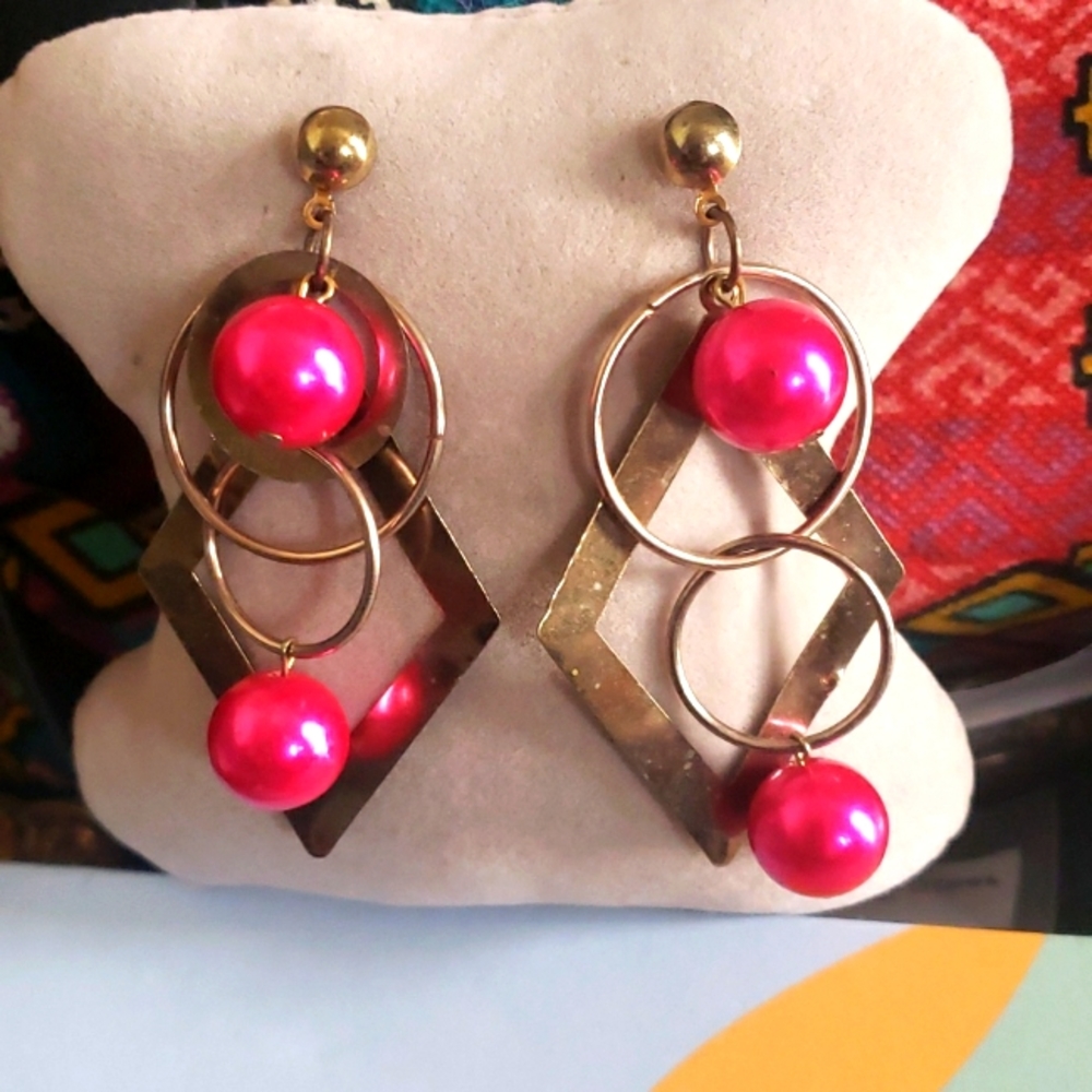 Gold and Pink Geometric Dangle Earrings